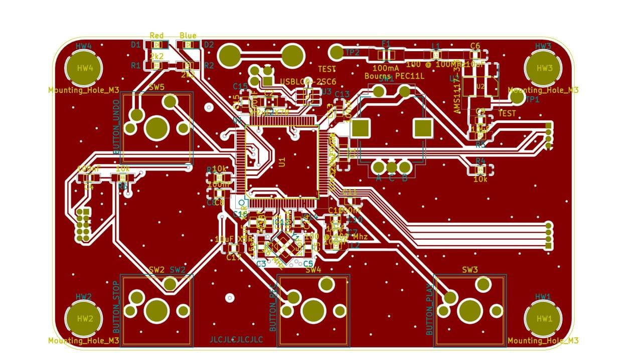 A PCB layout, 2D with just top layer visible.