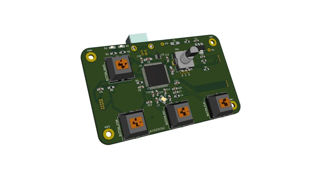 3D render of a populated PCB with four keyboard switches, one encoder, and an STM32 microcontroller.